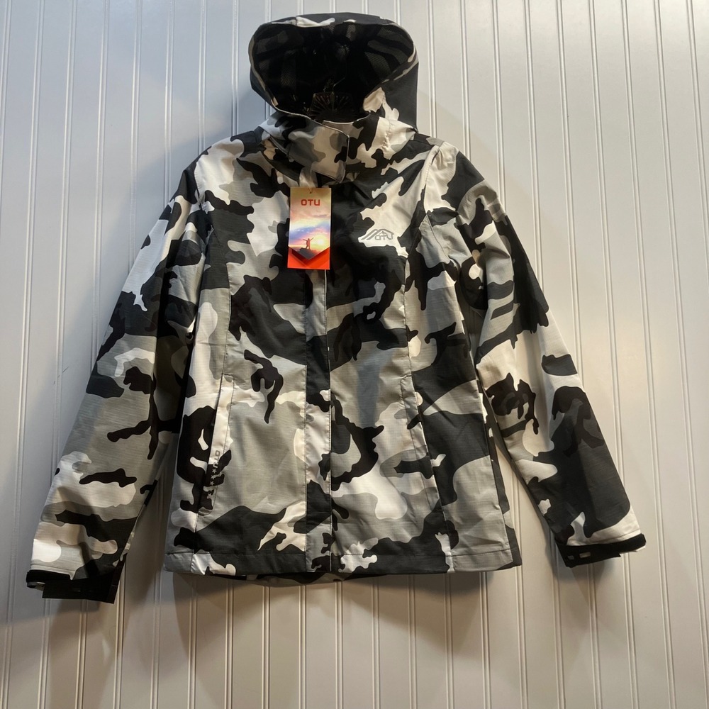 OTU Womens Camouflage Hooded Rain Jacket Grey Black Small NWT  Camo All Weather